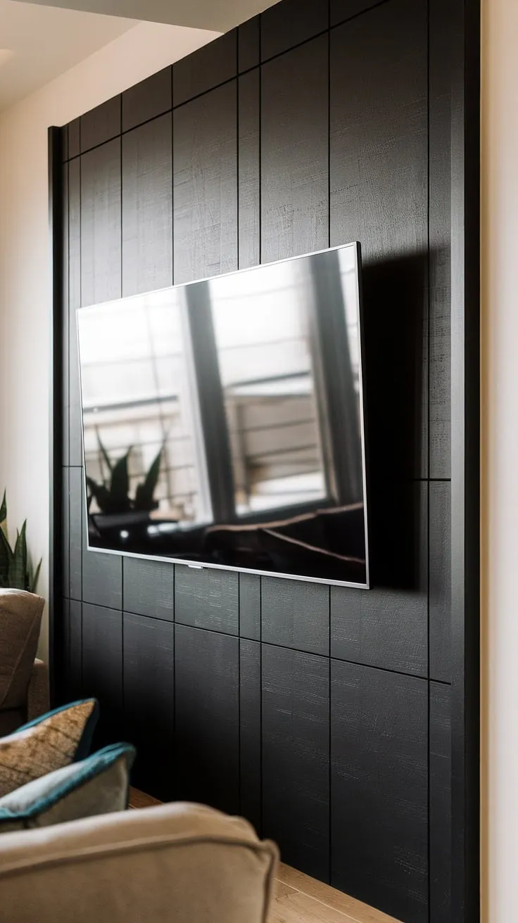 High TV wall ideas don't get much better than this.  A 70&#8243; TV takes center stage on this black TV wall, beautifully framed by black wood paneling that extends from floor to ceiling. The tv with paneling creates a sleek, luxurious look, showcasing a perfect example of panels behind tv for a truly impactful black and wood TV wall.