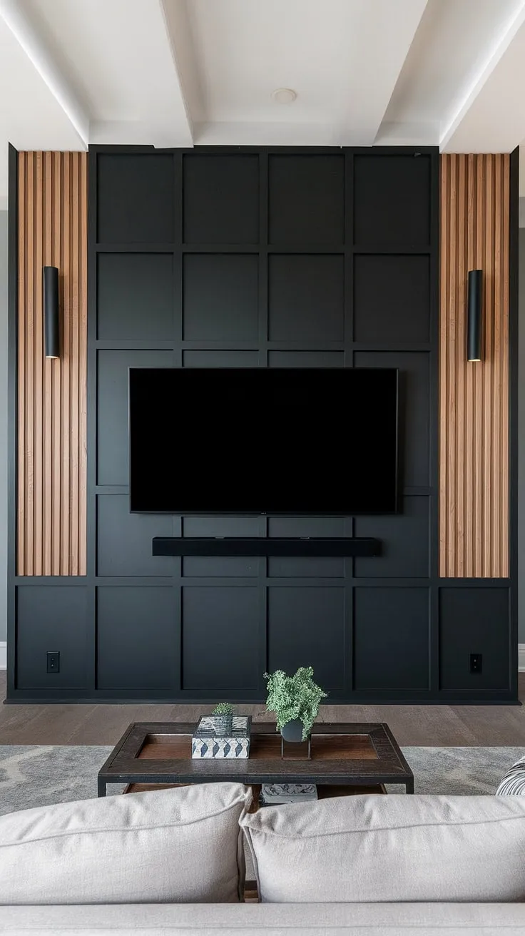 The dramatic black TV wall is the undeniable focal point, showcasing a 70&#8243; TV with paneling on either side. This black and wood TV wall design offers a modern yet warm ambiance, providing inspiration for high TV wall ideas and demonstrating the impact of a well-designed tv with paneling.