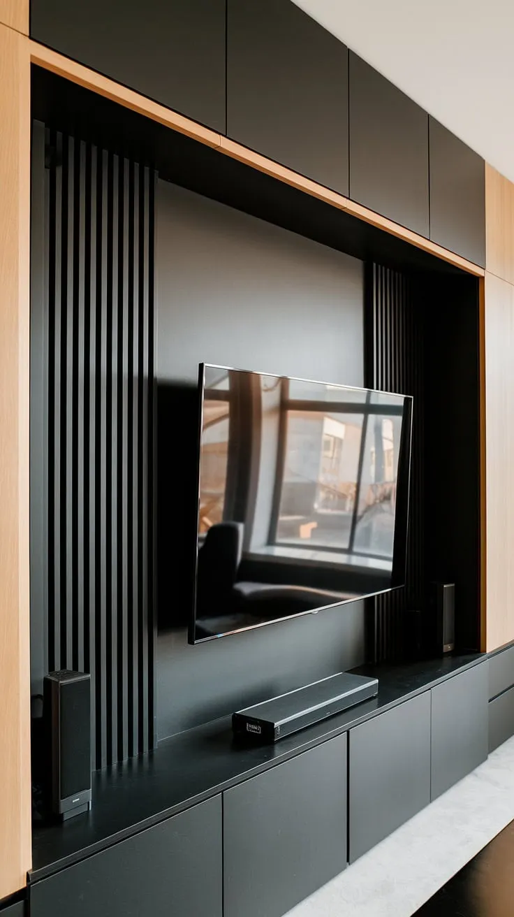 A 70&#8243; TV wall commands attention in this minimalist living room.  The black TV feature wall, complete with black wood TV wall paneling on either side, is a testament to clean lines and impactful design.  This tv with paneling showcases high TV wall ideas perfectly, creating a truly captivating black tv wall.