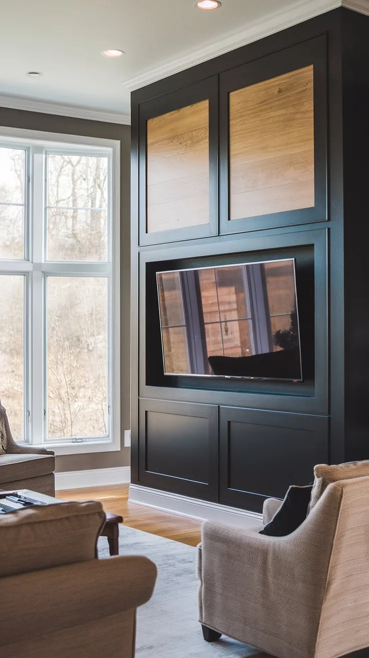 High tv wall ideas don't get much better than this.  A 70-inch TV takes center stage on a striking black wood tv wall, accented by rich wood panels. The black tv wall, a true black tv feature wall, anchors the space while the large window brings the outdoors in. This black and wood tv wall design is the perfect blend of modern and cozy.