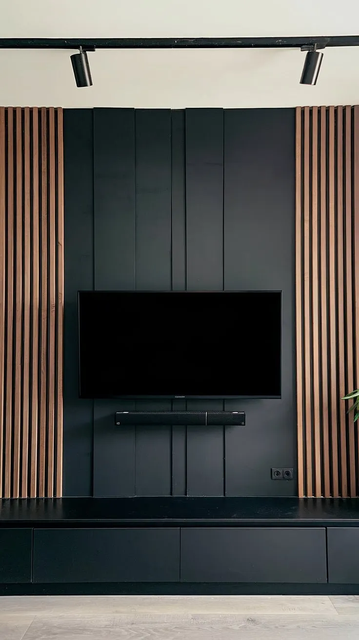 The sleek black tv wall, featuring a 70&#8243; TV with paneling, is a showstopper.  This black and wood TV wall design offers a modern aesthetic, demonstrating creative high TV wall ideas.  The panels behind the TV elevate the entire space, creating a truly captivating black tv feature wall.