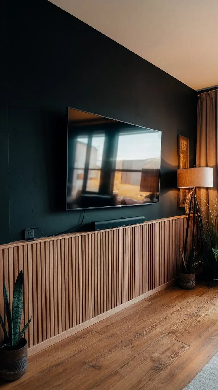 Warm lighting enhances the sleek contrast of this black TV feature wall, showcasing a 70&#8243; TV mounted high.  The rich wood paneling below adds a touch of rustic elegance, a perfect example of high TV wall ideas. This black and wood TV wall design seamlessly blends modern and traditional aesthetics.  The panels behind the TV provide a sophisticated backdrop for the impressive screen.
