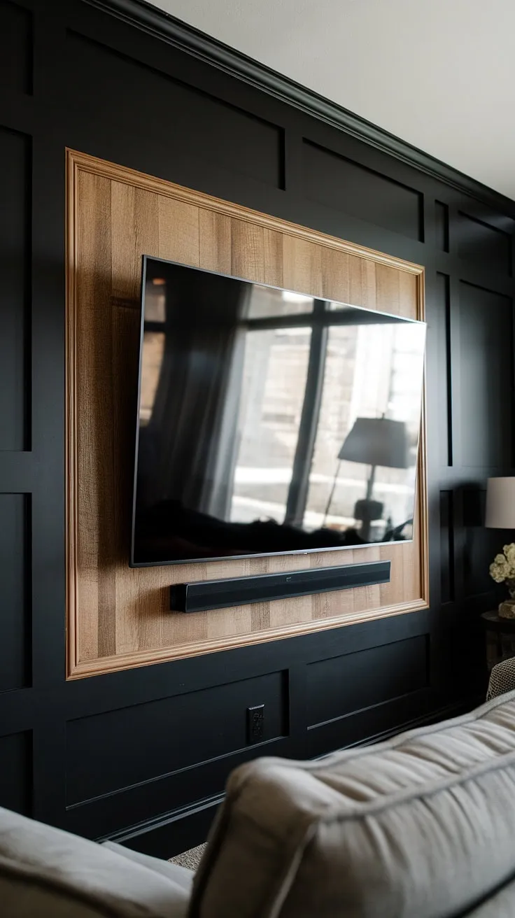 This stunning black TV feature wall, a masterpiece of black and wood, showcases a 70&#8243; TV mounted perfectly within a custom wooden frame.  The black paneling creates a sophisticated backdrop, offering high TV wall ideas for the modern home.  Panels behind the TV add depth and texture, complementing the living room's ambiance.
