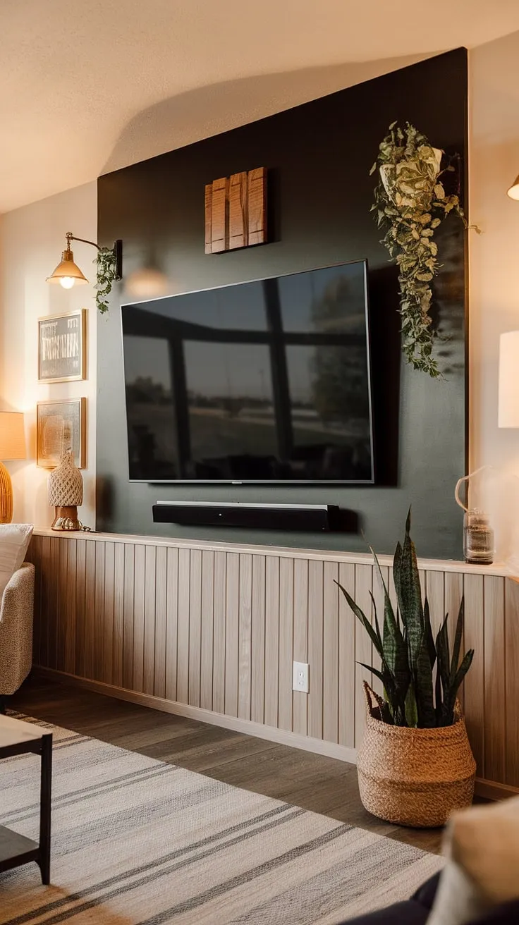 Elevate your living space with this striking black wood TV wall.  The black tv wall design, featuring a 70&#8243; TV with paneling, is both sophisticated and inviting.  This is the epitome of high TV wall ideas, showcasing a seamless integration of style and functionality. The black tv wall is a showstopper, and the panels behind tv add a touch of refined elegance.