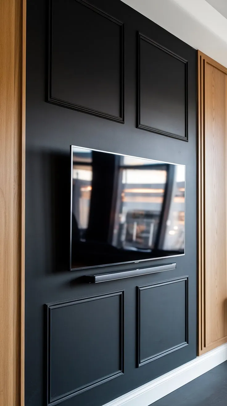 This stunning black and wood TV wall is the ultimate statement piece.  The 70&#8243; TV, mounted with sleek paneling, creates a high TV wall idea that's both modern and sophisticated.  The black tv feature wall, a masterful blend of black tv wall and wood accents, showcases the panels behind TV perfectly.