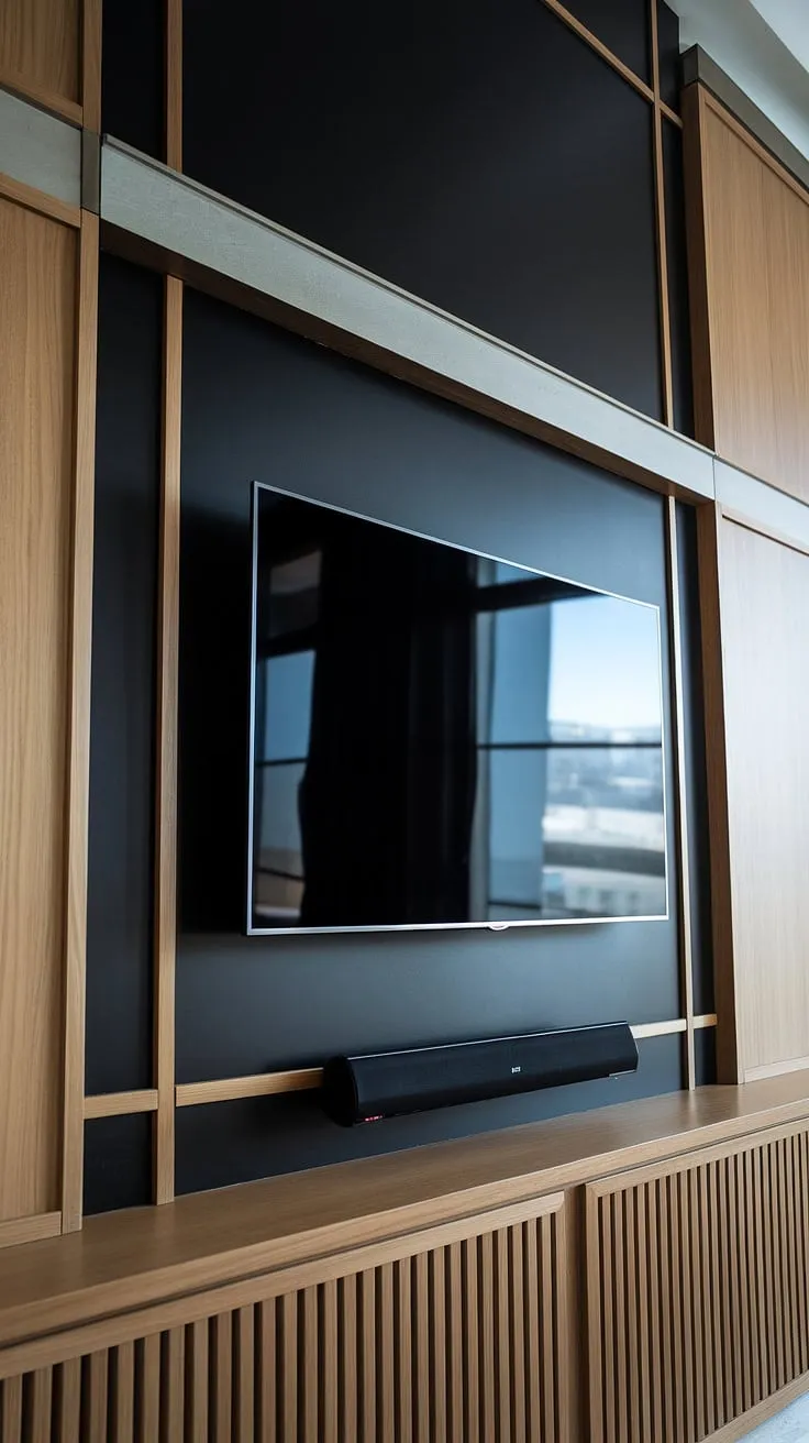 This black TV wall is the epitome of modern sophistication.  The 70&#8243; TV seamlessly integrates with the rich black and wood paneling, creating a stunning black wood TV wall and a truly captivating black TV feature wall.  High TV wall ideas don't get much better than this; the panels behind the TV add depth and texture, elevating the entire space.