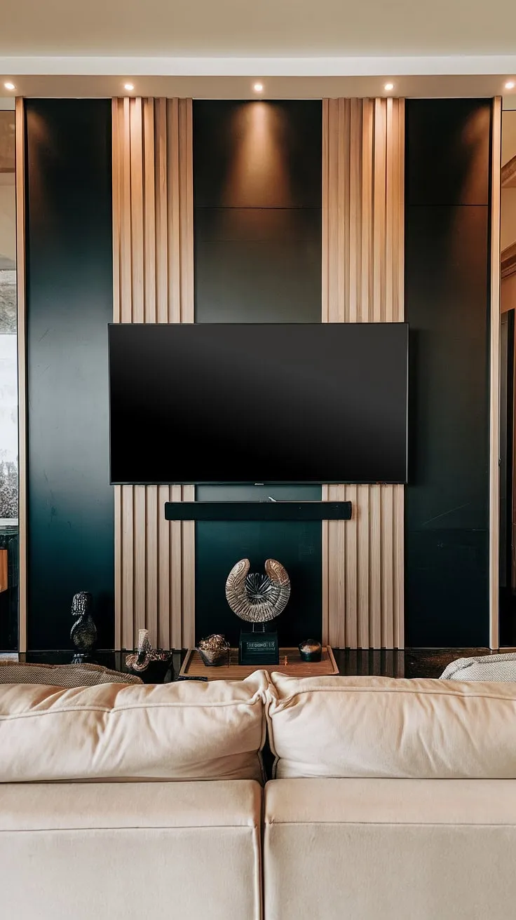 Warm lighting enhances the sophisticated ambiance of this living room, where a 70-inch black TV takes center stage on a stunning black and wood tv wall.  The black tv feature wall, complete with stylish panels behind tv, offers high tv wall ideas for a truly modern aesthetic.  The black wood tv wall design is perfectly complemented by the beige sofa and carefully chosen décor.