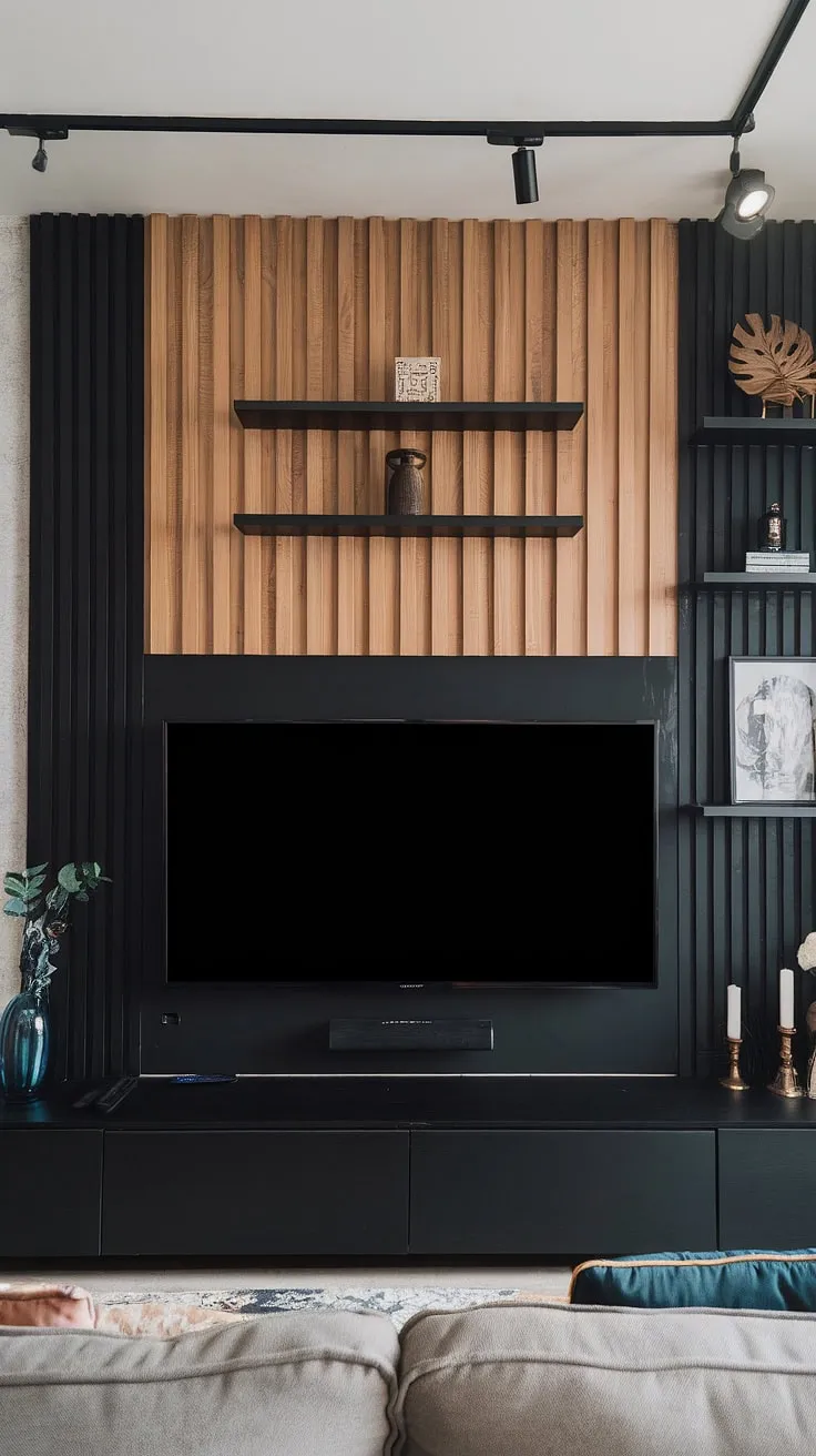 This black TV feature wall, a stunning blend of black and wood, elevates the living room's aesthetic.  The 70&#8243; TV, seamlessly integrated with the paneling, is a focal point, showcasing high TV wall ideas.  Panels behind the TV add depth and sophistication to this black and wood TV wall design.