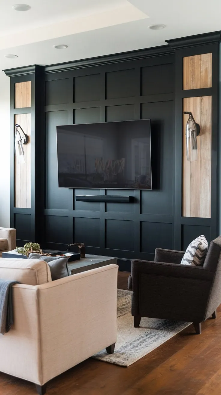 This stunning black TV feature wall, complete with wood paneling above and below the 70&#8243; TV, elevates the living room's design.  The high TV wall ideas are perfectly executed, creating a sophisticated focal point with the black and wood TV wall.  Panels behind the TV add depth and texture, complementing the beige sofa and dark grey armchair.
