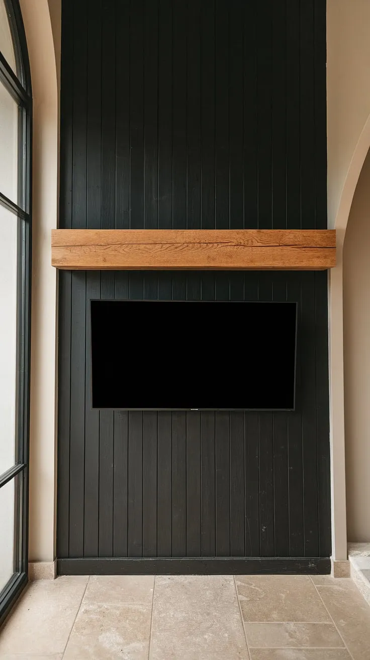 Sophisticated simplicity: This 70&#8243; TV wall, featuring sleek black paneling and a warm wood shelf, elevates the space.  High TV wall ideas don't get much more stylish than this black tv feature wall, showcasing the perfect blend of black and wood tv wall design. The panels behind the TV create a stunning focal point, a true black tv wall masterpiece.