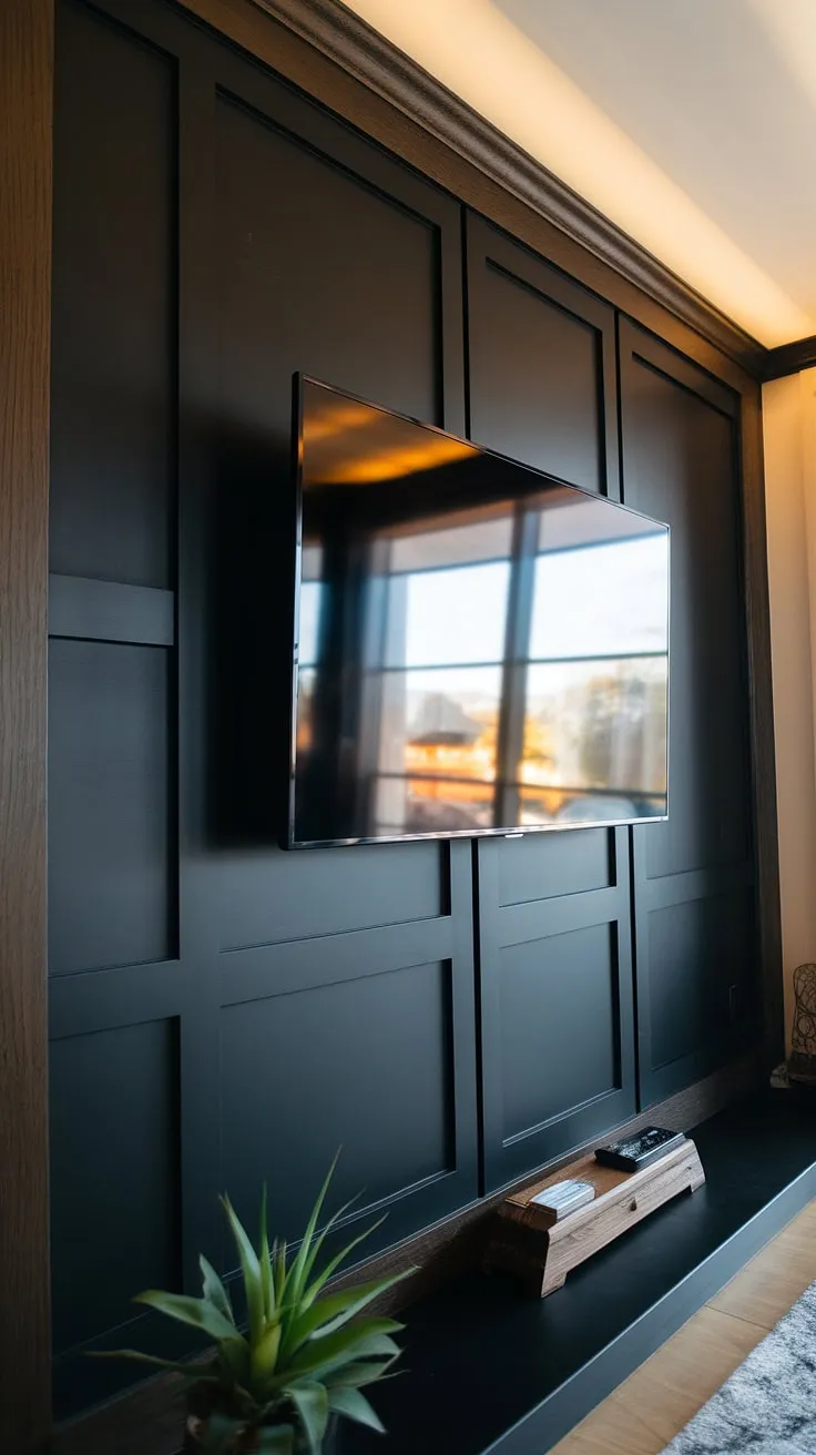 This 70-inch TV takes center stage on a stunning black TV feature wall, the sleek black paneling perfectly complemented by the rich dark wood frame.  High TV wall ideas don't get much more sophisticated than this black and wood TV wall design.  The panels behind the TV create a dramatic focal point, showcasing the tv with paneling in a truly elegant way.