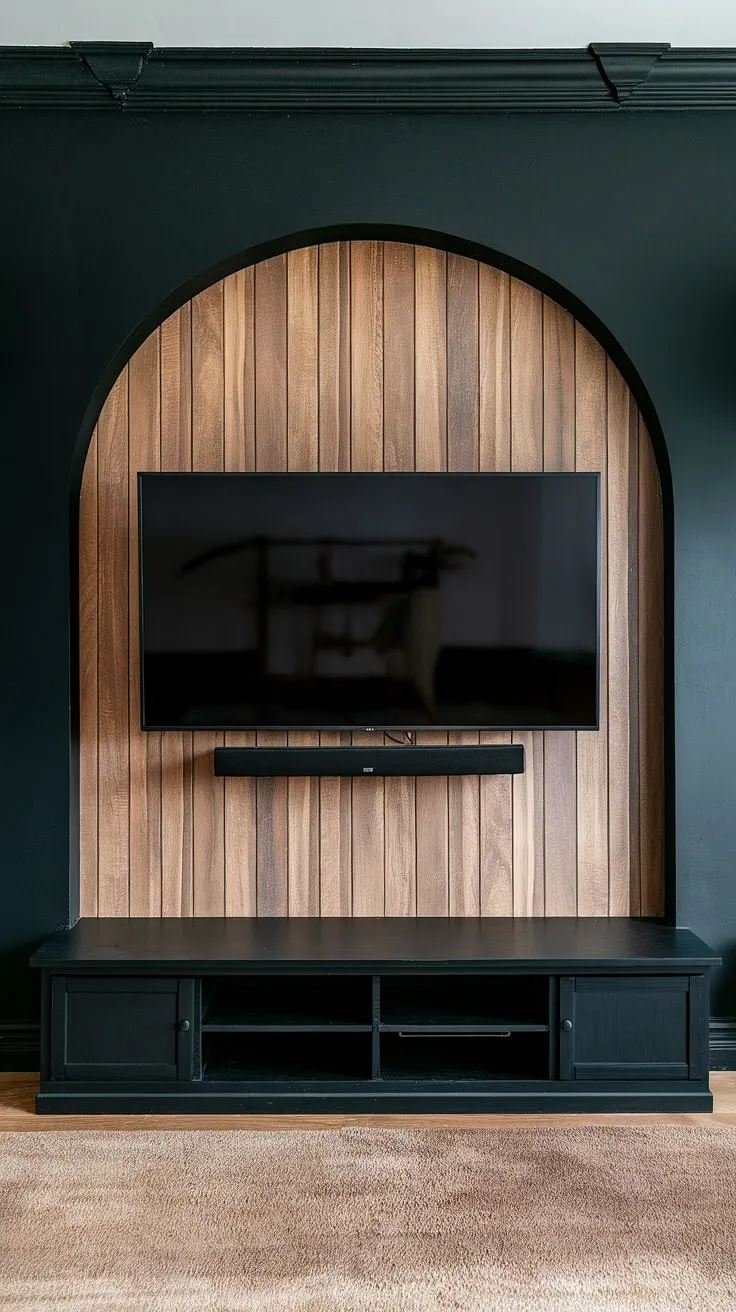 This black wood tv wall is a masterclass in modern design.  The tv with paneling creates a striking focal point, showcasing high tv wall ideas with a black tv feature wall.  The 70&#8243; TV is seamlessly integrated into the panels behind tv, resulting in a sophisticated and minimalist aesthetic.
