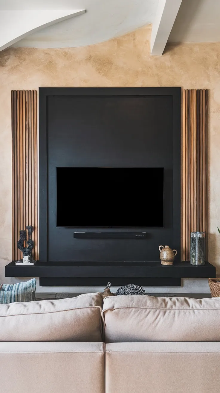 This black TV feature wall, a stunning blend of black and wood, elevates the living room with its sleek 70&#8243; TV mounted on a textured black panel.  The wooden panels flanking the TV add warmth, showcasing high TV wall ideas with sophisticated paneling behind the TV.