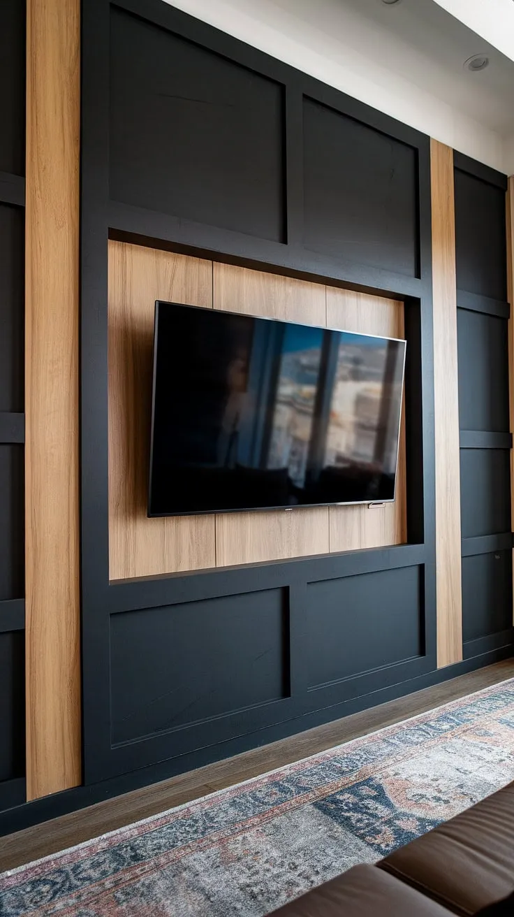 A 70&#8243; TV takes center stage on this dramatic black wood TV wall.  The panels behind the TV create a luxurious black tv wall, offering a perfect blend of style and functionality.  This is high TV wall ideas redefined, showcasing the tv with paneling in a truly captivating way.