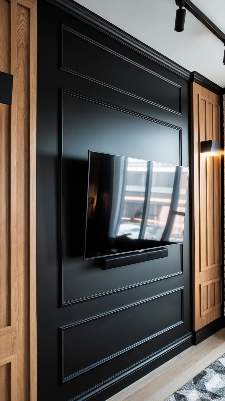 This stunning black TV feature wall, a masterpiece of black and wood design, showcases a 70&#8243; TV seamlessly integrated with sleek paneling.  High TV wall ideas don't get much more sophisticated than this; the panels behind the TV create a dramatic focal point, elevating the entire room's modern aesthetic.