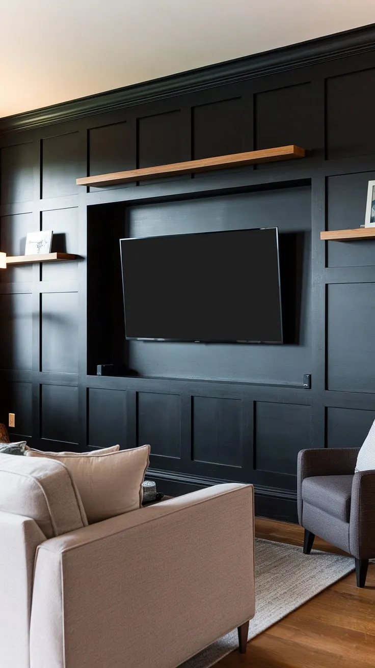 This stunning black TV feature wall, crafted from rich black paneling, elevates the living room's design.  The 70&#8243; TV is seamlessly integrated, showcasing high TV wall ideas with its sleek placement above wooden shelves.  The black and wood TV wall creates a sophisticated contrast against the gray sofa and chair, a perfect example of panels behind tv done right.  The black wood TV wall is a statement piece, effortlessly blending modern and classic elements.