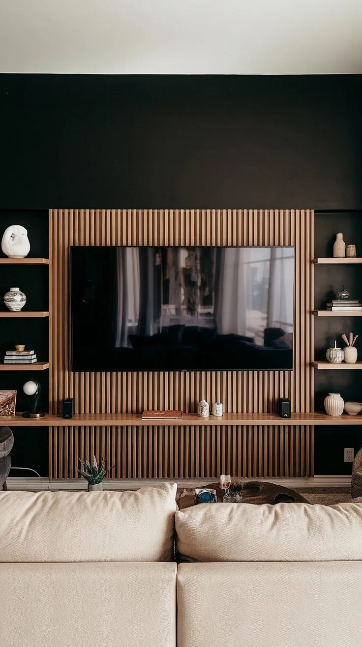 This black TV feature wall, a stunning blend of black and wood, elevates the living room with its sleek 70&#8243; TV mounted on a custom wood panel.  The panels behind the TV offer stylish storage and display, showcasing high TV wall ideas that are both functional and visually striking.