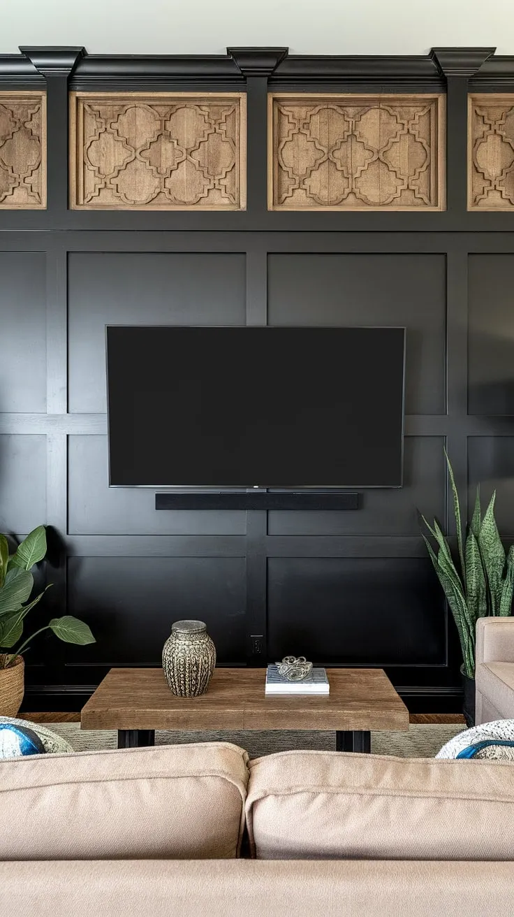 A dramatic black TV wall, featuring a 70-inch TV with paneling, transforms this living space.  The black wood TV wall design, incorporating rich wood accents above, offers a striking contrast.  This is a prime example of high TV wall ideas, showcasing the impact of a well-designed black tv wall. The panels behind the TV are the perfect complement to the overall aesthetic.