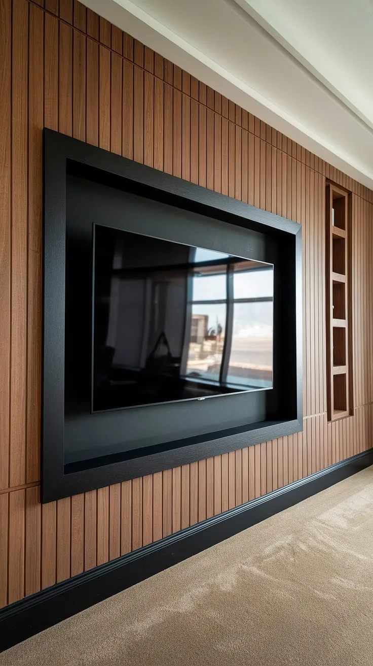 This stunning black tv feature wall, complete with rich wood paneling, elevates the living room to new heights.  The 70-inch tv, mounted high on the wall, is a statement piece, showcasing the perfect blend of modern design and warm textures.  High tv wall ideas don't get much better than this black and wood tv wall, with its built-in shelves adding both style and functionality. The panels behind the tv create a sophisticated backdrop, making this black tv wall a true focal point.