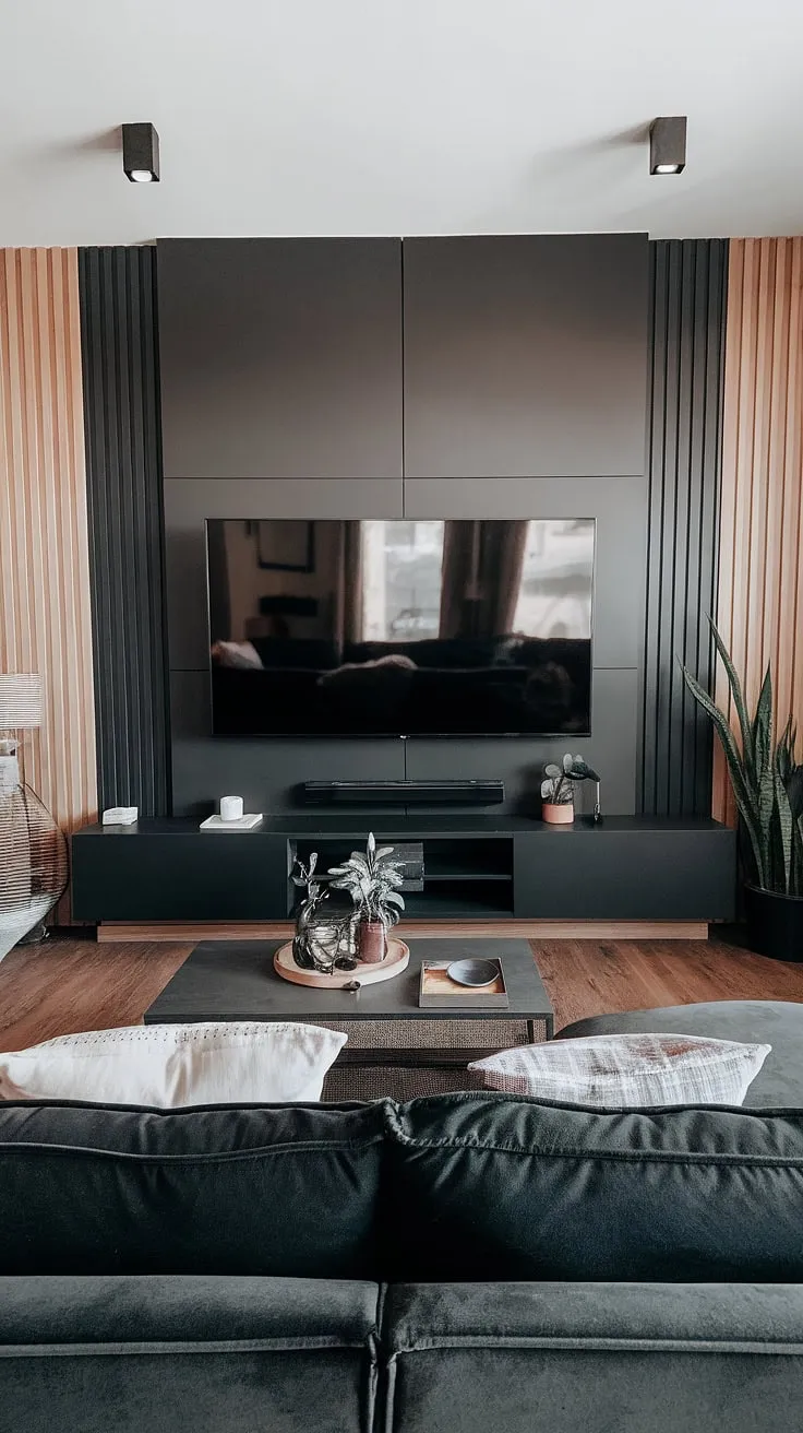 This stunning black and wood TV wall showcases a 70&#8243; TV seamlessly integrated into the design.  The black TV feature wall, complete with panels behind the TV and a sleek black panel above, creates a sophisticated focal point.  High TV wall ideas don't get much better than this combination of modern minimalism and warm wood tones.