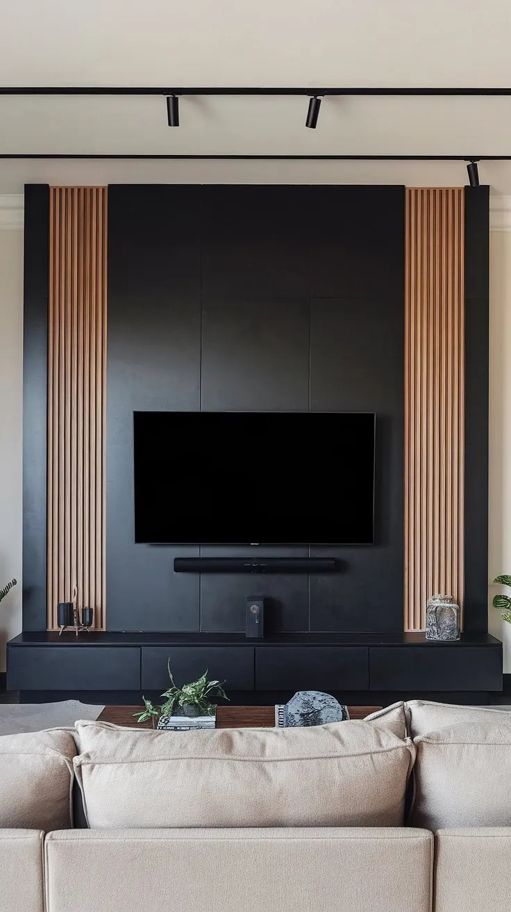 This black TV feature wall, a stunning blend of black and wood, anchors the room with its sleek 70&#8243; TV.  The wood paneling above and below the screen adds warmth and texture, showcasing high TV wall ideas that are both modern and inviting.  A perfect example of a black tv wall design with panels behind tv, creating a sophisticated black wood tv wall.