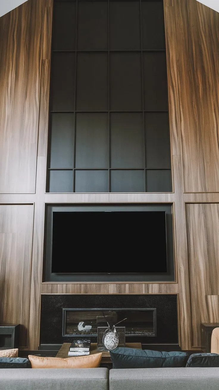 This stunning black wood TV wall, featuring a 70-inch TV with sleek paneling above, elevates the room's modern design.  The high TV wall ideas showcased here create a dramatic focal point, a true black TV feature wall that seamlessly blends sophistication and functionality.  Panels behind the TV add depth and visual interest to this black and wood TV wall.