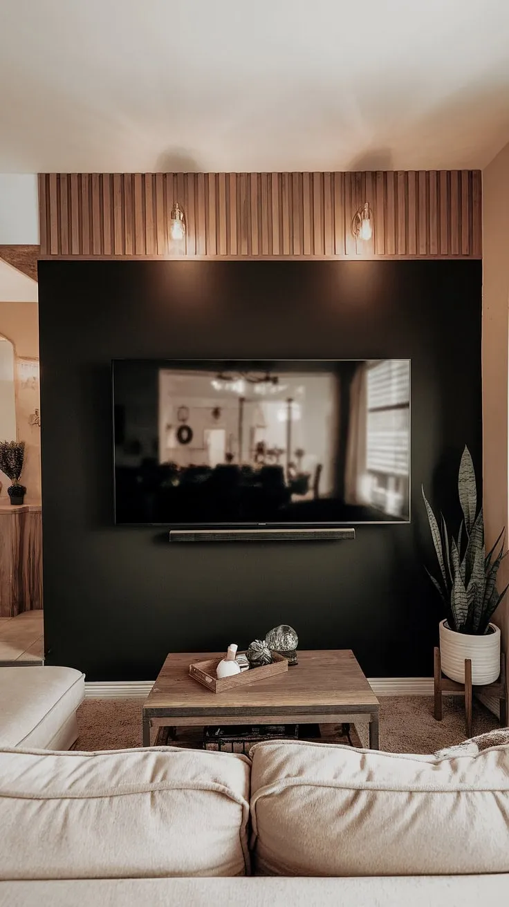 This black TV feature wall, anchored by a stunning 70&#8243; TV and accented with warm wood paneling, elevates the living room's design.  High TV wall ideas don't get much better than this sophisticated blend of black and wood, showcasing the perfect panels behind TV for a truly impactful statement.