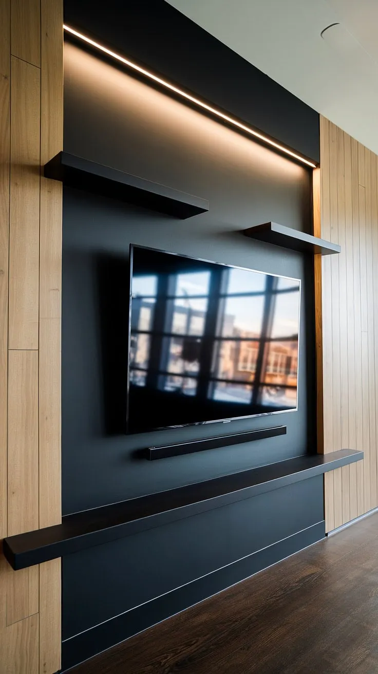 This black and wood TV wall is the epitome of modern luxury.  The 70&#8243; TV is seamlessly integrated into the black tv wall, showcasing high TV wall ideas with impactful style.  The rich wood paneling complements the sleek black frame and shelves, creating a black tv wall that's both functional and visually stunning.  The tv with paneling design elevates the entire space.