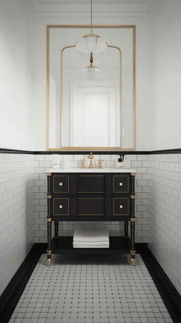 A sophisticated black and gold bathroom vanity anchors this elegant black white bathroom. Gold bathroom ideas shine through in the faucet, mirror, and light fixture, complementing the sleek bathroom vanity black design. The black and white bathroom design is completed with a striking black and white checkered floor, creating a timeless and luxurious space. Explore these black bathroom ideas for your own home's transformation.