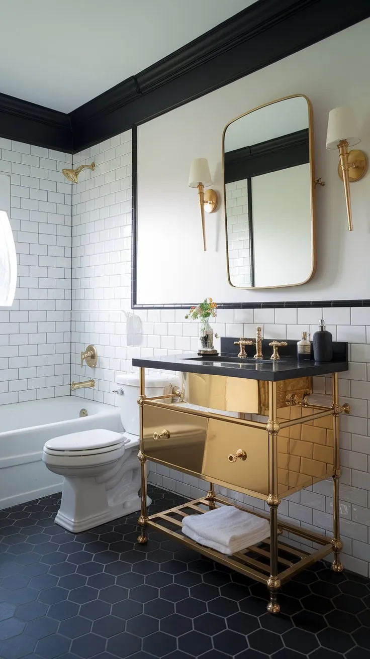 Opulence meets monochrome in this stunning black and white bathroom. The black and gold bathroom vanity is the perfect centerpiece, showcasing a sophisticated black and gold bathroom decor and offering inspiring gold bathroom ideas.
