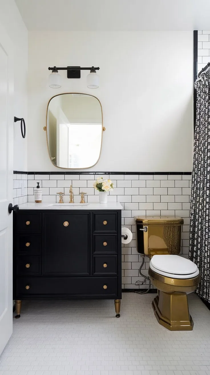 A chic black and gold bathroom vanity anchors this stylish black white bathroom. The black and white bathroom design is elevated by the gold accents, including the mirror, toilet, and shower curtain, creating a luxurious black and gold bathroom decor scheme. Gold bathroom ideas are seamlessly integrated, offering a sophisticated take on bathroom vanity black. This space is a testament to the power of bold choices in creating a memorable and elegant bathroom.