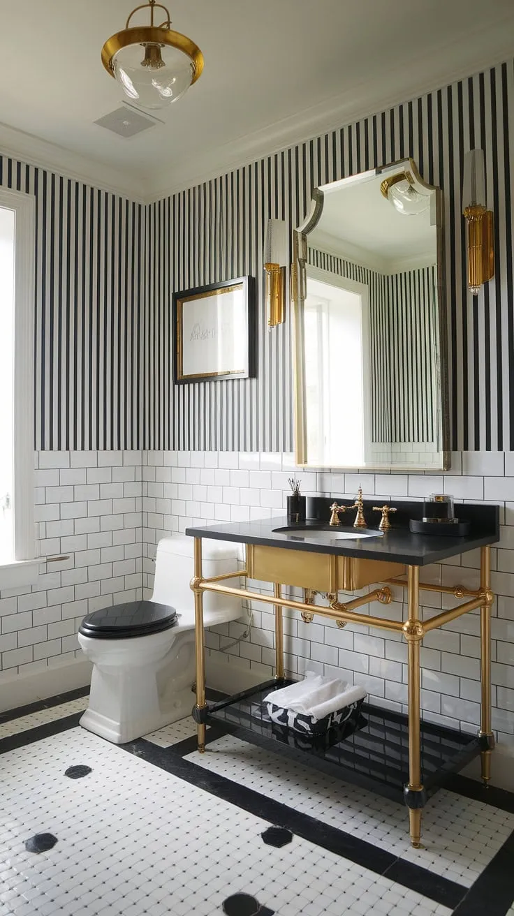 This black and white bathroom is a masterpiece of black and gold bathroom decor. A gold bathroom vanity, a statement piece in itself, anchors the space, its black countertop echoing the black and white checkered floor and walls. The gold bathroom decor elevates this black bathroom ideas concept to a level of refined elegance. This is the epitome of a chic black and gold bathroom vanity, offering inspiration for gold bathroom ideas and bathroom vanity black design choices.