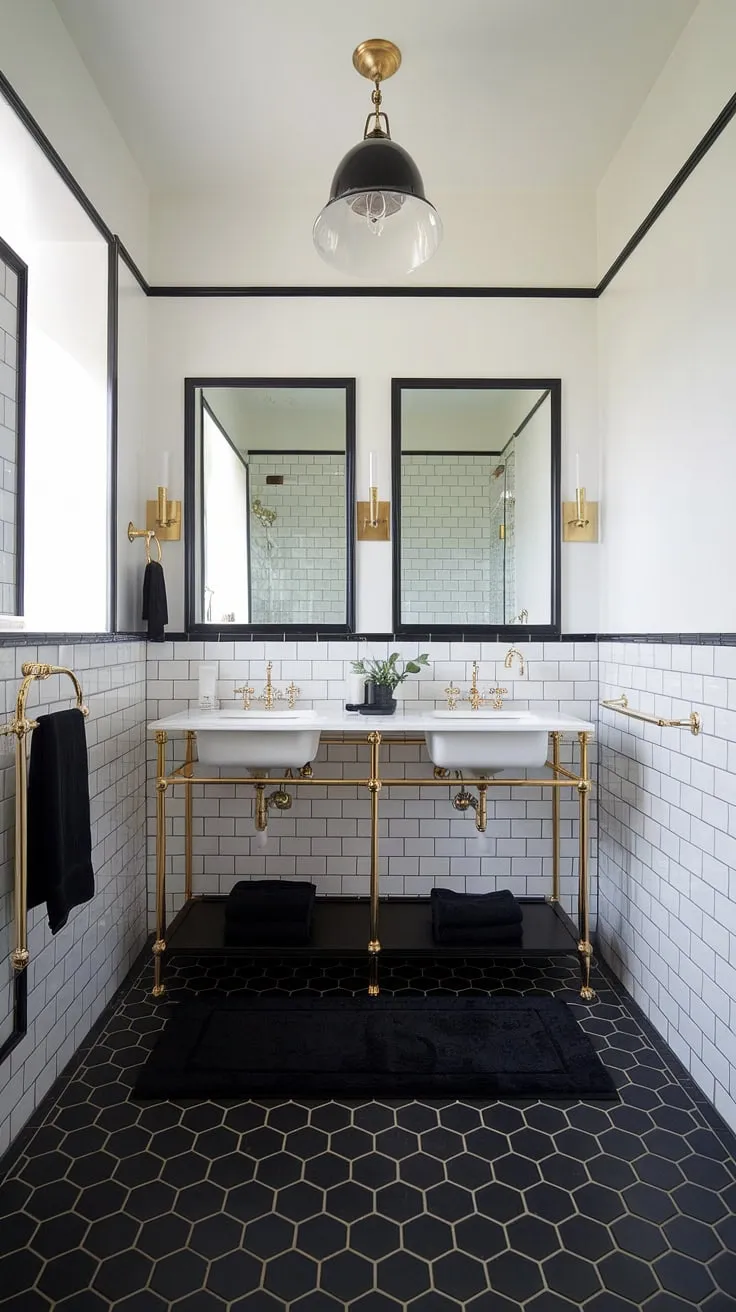 A stunning black and white bathroom design featuring a show-stopping gold bathroom vanity as its centerpiece. The black and gold bathroom decor, including gold towel bar and candle holder, complements the black and white tiled floor and walls perfectly. This black and gold bathroom vanity offers both style and functionality, showcasing some brilliant gold bathroom ideas within a sophisticated black bathroom ideas scheme.