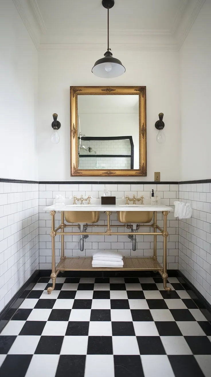 Step into this stunning black and white bathroom, where a chic black and gold bathroom vanity takes center stage. The gold bathroom vanity, with its dual sinks, sits elegantly beneath a gold-framed mirror, reflecting the sophisticated black and gold bathroom decor. Black bathroom ideas are flawlessly executed with the checkered floor and black light fixture, creating a vintage-inspired space brimming with gold bathroom decor ideas and gold bathroom ideas. This black white bathroom design is a masterclass in elegant contrast.