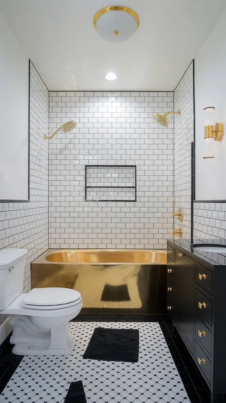 Opulence meets monochrome in this stunning black and white bathroom design. The black and gold bathroom vanity is a showstopper, perfectly complementing the gold bathroom decor ideas and black bathroom ideas.