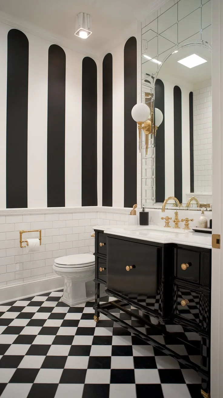 Classic elegance meets modern chic in this black and white bathroom. The black and gold bathroom vanity is a stunning centerpiece, complemented by the gold bathroom decor and black bathroom ideas throughout the black and white bathroom design.