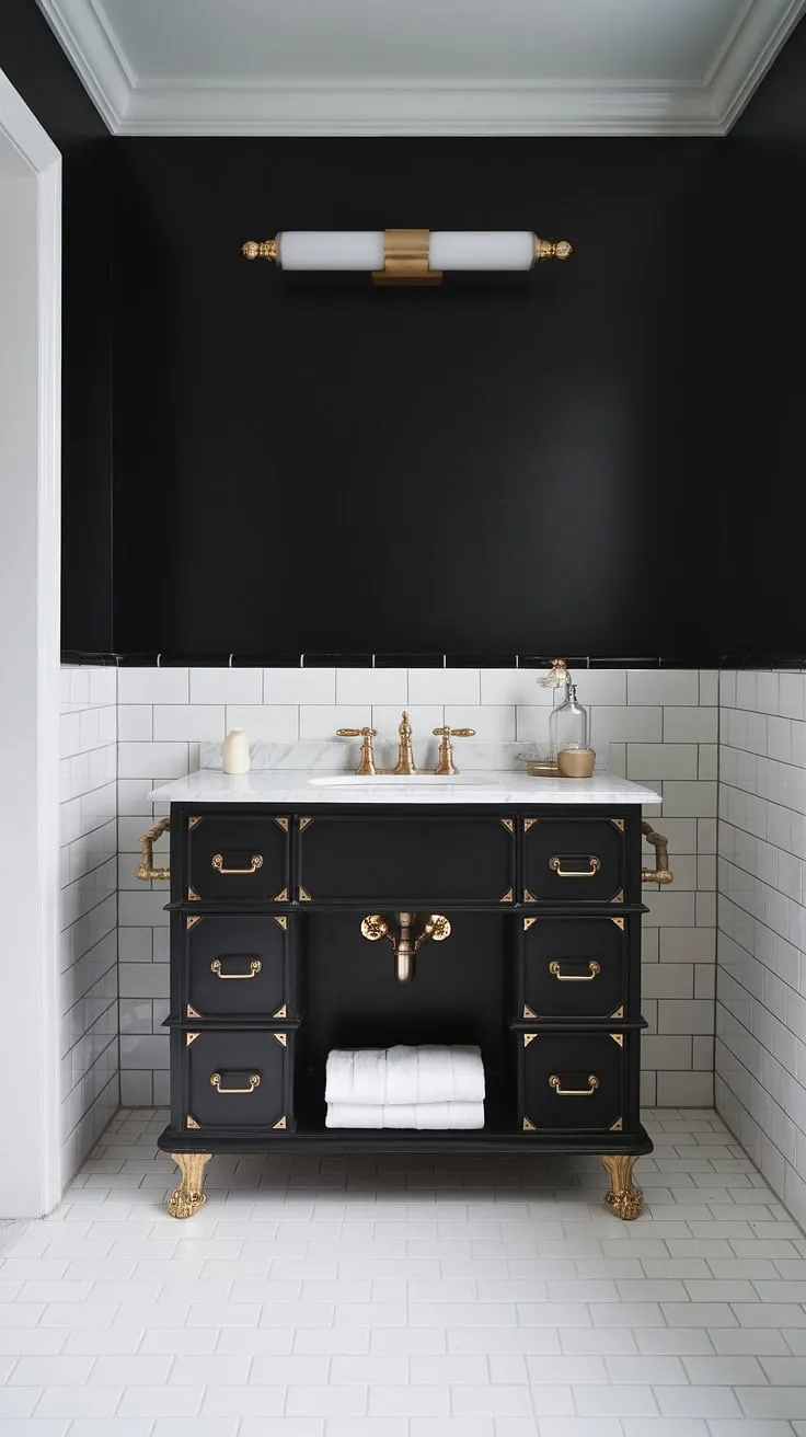 A black and gold bathroom vanity takes center stage in this chic black white bathroom. This black and gold bathroom decor elevates the space, offering a sophisticated blend of gold bathroom ideas and bathroom vanity black design.