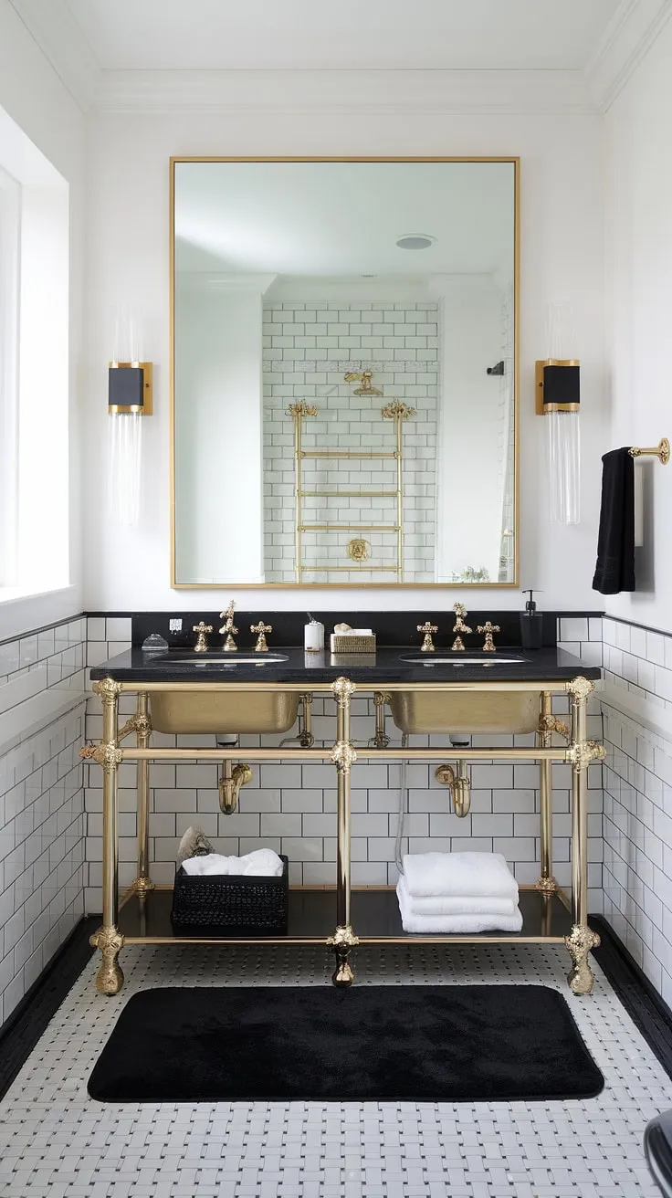 A chic black and white bathroom is elevated by a showstopping gold bathroom vanity. This black and gold bathroom vanity, with its black countertop, anchors the black and white bathroom design. Gold bathroom ideas are beautifully executed with the matching sconces and mirror frame, creating a cohesive black and gold bathroom decor scheme. The black bathroom mat and checkered floor add to the stylish ambiance, offering fresh inspiration for black bathroom ideas and gold bathroom decor ideas. This bathroom vanity black and gold combination is a masterclass in luxury.