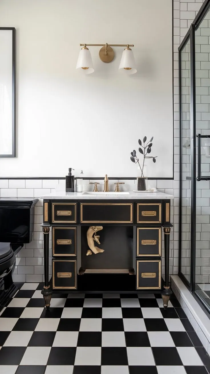This stunning black and white bathroom showcases a sophisticated black and gold bathroom design. The black and gold bathroom vanity, complete with elegant gold hardware, is a focal point, complemented by a gold light fixture and subtle black and gold bathroom decor. The black and white checkered floor and matching toilet and shower create a cohesive, chic aesthetic, offering inspiring black bathroom ideas and gold bathroom ideas. This bathroom vanity black is a perfect example of gold bathroom decor ideas.