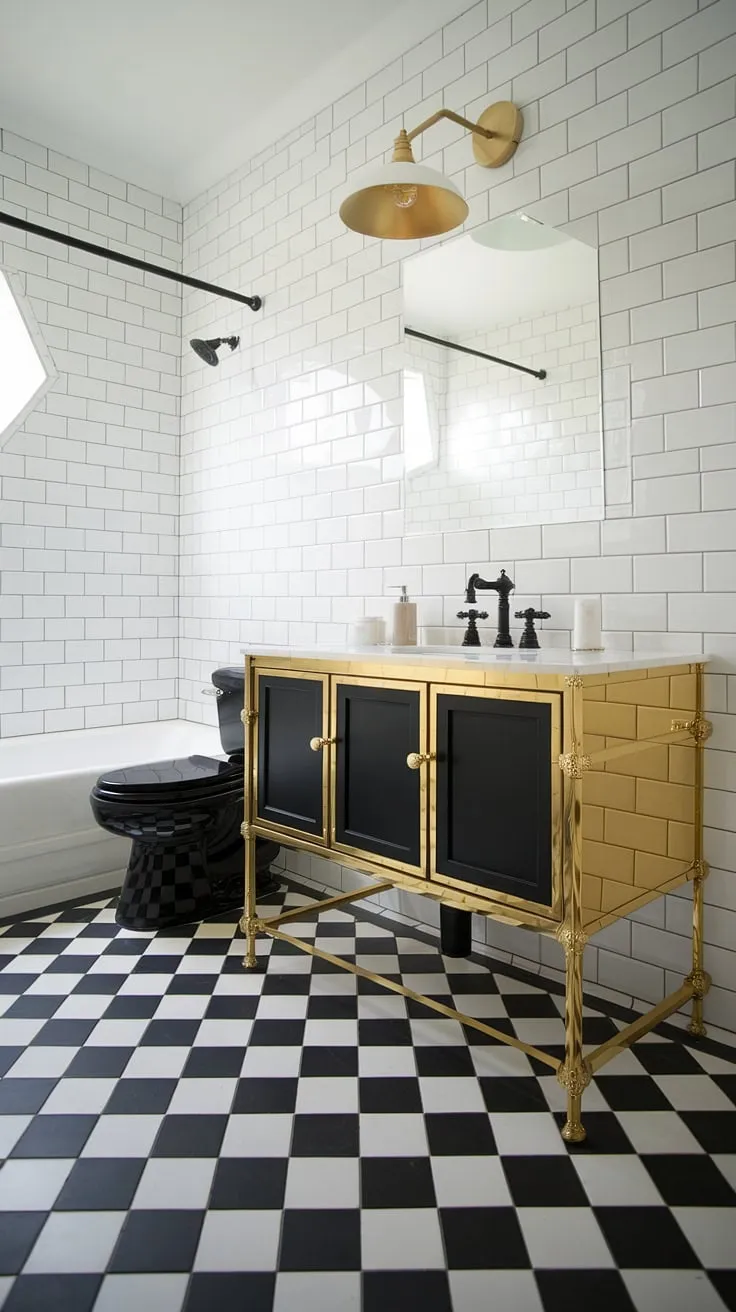 A chic black white bathroom is elevated by the addition of a gold bathroom vanity. This black and gold bathroom vanity, featuring a bathroom vanity black base and a white countertop, is a statement piece in this black and white bathroom design. The gold bathroom decor ideas are subtle yet impactful, creating a sophisticated and stylish space. This exemplifies some of the best black bathroom ideas and gold bathroom ideas, showcasing how a gold bathroom vanity can transform a space.