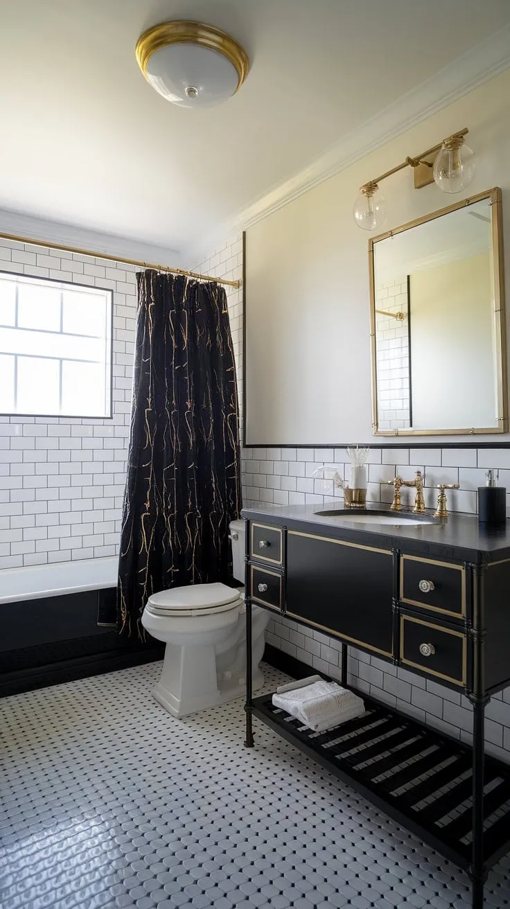 Opulence meets simplicity in this stunning black and white bathroom design. The black and gold bathroom vanity, gold bathroom decor ideas, and chic gold accents elevate this black bathroom ideas space to pure luxury.