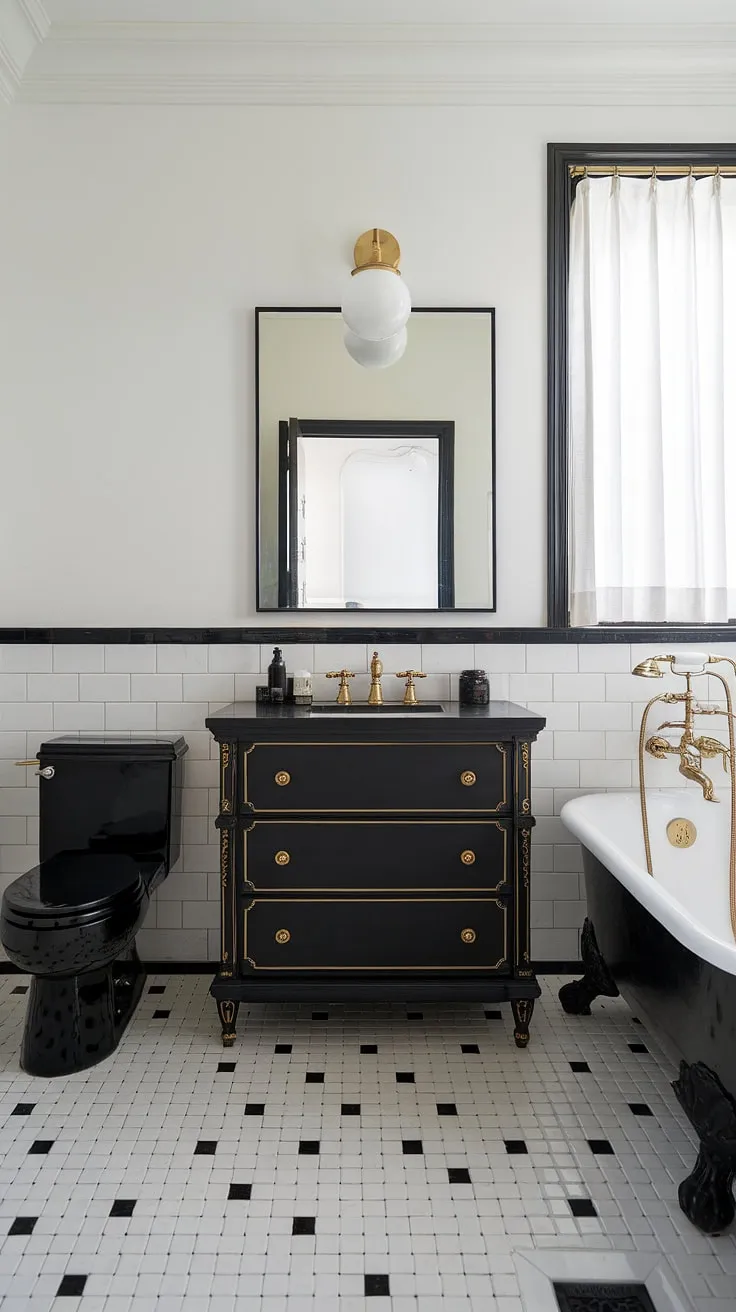 A luxurious black and white bathroom boasts a show-stopping black and gold bathroom vanity. This bathroom vanity black design is the heart of this black and gold bathroom decor scheme, perfectly paired with gold bathroom decor ideas like the lighting and bathtub fixtures. The black bathroom ideas are balanced by the bright white walls and the crisp black and white bathroom floor tiles. The overall black and white bathroom design is both modern and timeless, showcasing a sophisticated blend of black and gold bathroom vanity elegance.