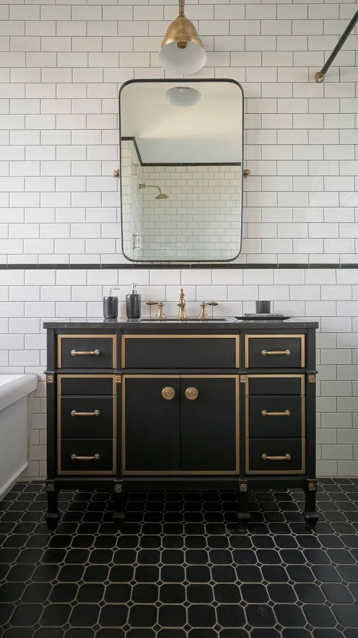 This black and gold bathroom vanity is the star of this chic black white bathroom. The black and gold bathroom decor, paired with the striking black and white bathroom design, offers a sophisticated take on gold bathroom ideas and bathroom vanity black options.