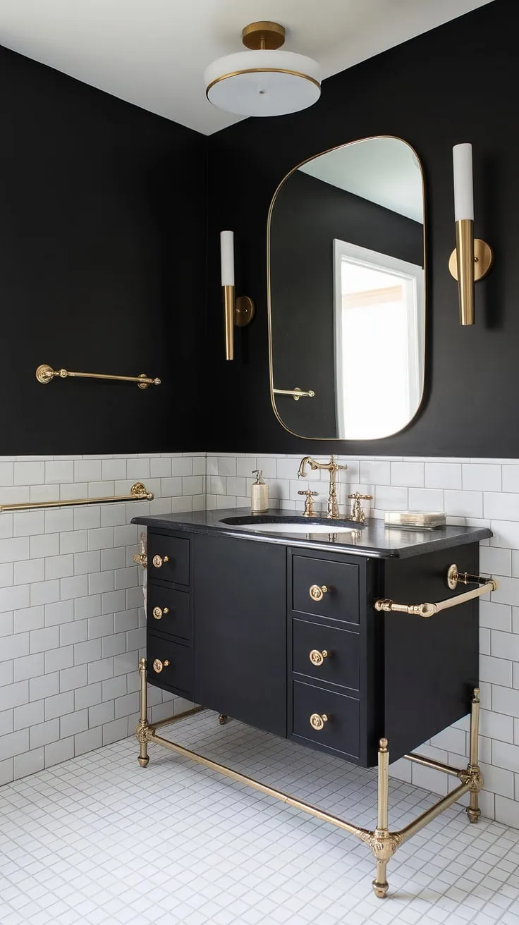 Opulence redefined: This black and white bathroom design boasts a stunning black and gold bathroom vanity, showcasing the best of black bathroom ideas and gold bathroom decor ideas. The gold bathroom vanity and accents elevate this space to pure luxury.