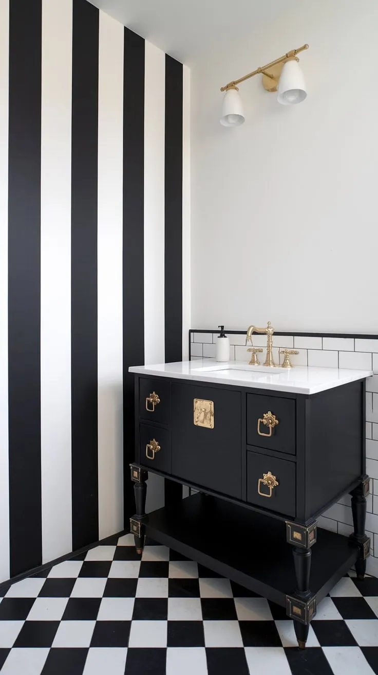 Monochromatic magic meets metallic gleam in this stunning black and white bathroom. The black and gold bathroom vanity is a showstopper, perfectly complementing the black and white bathroom design and offering inspiring black bathroom ideas and gold bathroom decor ideas.