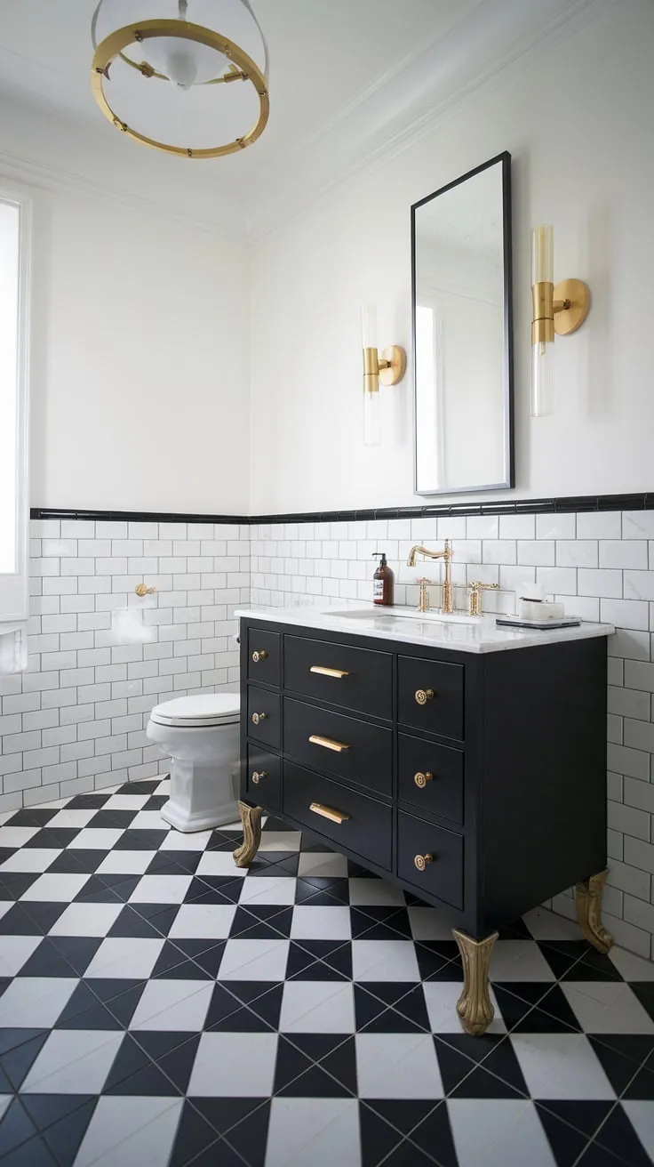 Opulence meets simplicity in this stunning black and white bathroom. The black and gold bathroom vanity, accented with gold bathroom decor ideas, elevates the black and white bathroom design to new heights. A perfect example of black bathroom ideas and gold bathroom ideas combined.