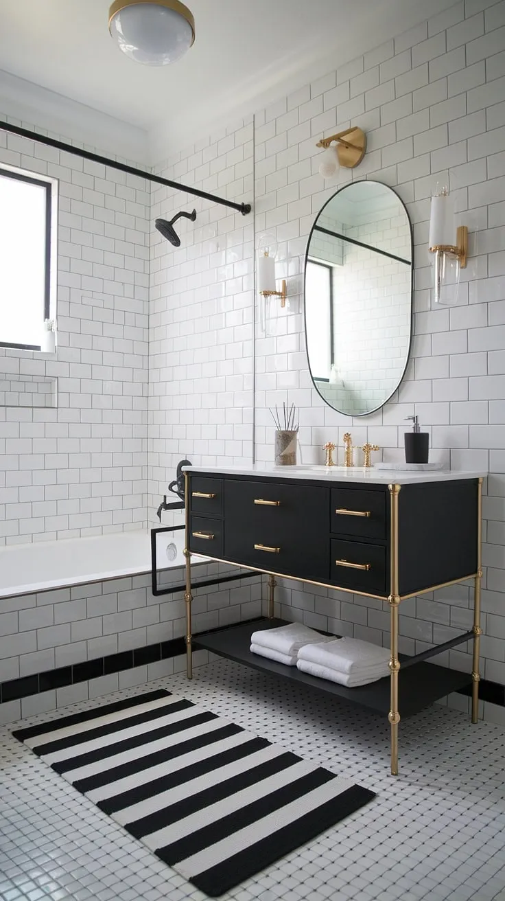 A chic black and white bathroom design featuring a show-stopping black and gold bathroom vanity. Gold bathroom ideas are subtly incorporated throughout, from the faucet to the light fixture, enhancing the overall black and gold bathroom decor. This bathroom vanity black and gold combination is a masterclass in stylish contrast. The black white bathroom is completed with a playful checkered floor and striped rug, offering a unique blend of elegance and personality.