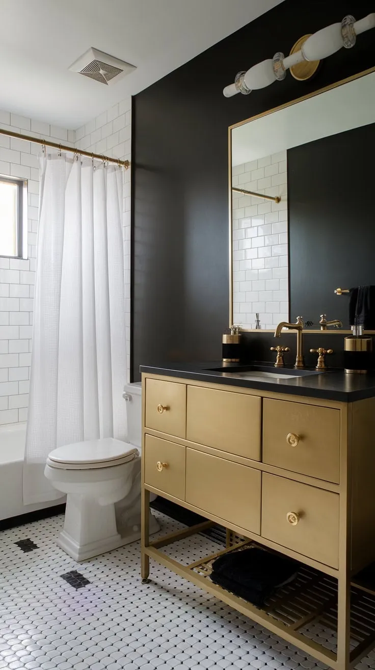 A chic black and gold bathroom vanity is the focal point of this striking black white bathroom. The black and gold bathroom decor is flawlessly executed, with the gold vanity contrasting beautifully against the black walls and black and white checkered floor. This black and gold bathroom vanity is a statement piece in this bold black bathroom ideas scheme, showcasing the best of gold bathroom decor ideas. The bathroom vanity black countertop and gold fixtures add a touch of glamour to this sophisticated black and white bathroom design.