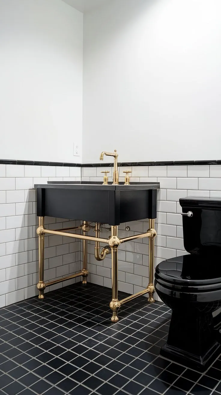 A luxurious black and gold bathroom vanity anchors this striking black white bathroom. The gold bathroom vanity gleams against the crisp white walls, while the black toilet and black and white bathroom design create a balanced contrast. This space is a masterclass in black and gold bathroom decor, offering inspiration for gold bathroom decor ideas and showcasing the perfect blend of dark and light elements. The bathroom vanity black finish is a sophisticated choice, enhancing the overall black bathroom ideas.