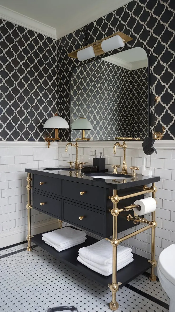 Black bathroom ideas get a luxurious upgrade with this black and gold bathroom vanity. The gold bathroom vanity and gold bathroom decor ideas create a sophisticated contrast against the black and white bathroom's checkered floor and patterned wallpaper. This black and gold bathroom decor is truly unforgettable.